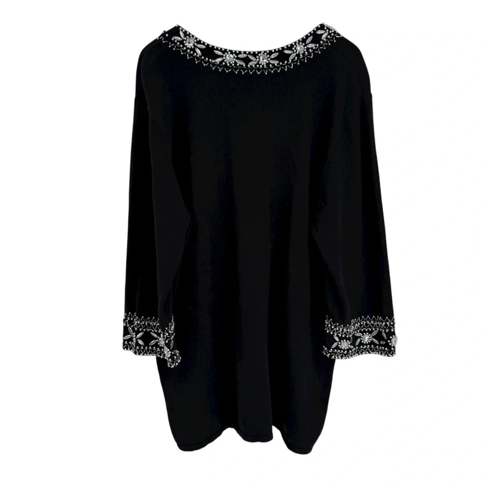 Bob Mackie Wearable Art Black Sweater Size 1X Pullover Beaded Neckline /cuffs
